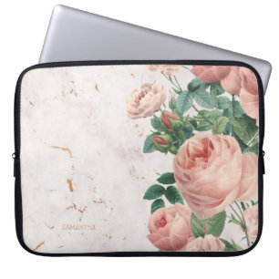 Vintage Pink Roses Floral Marble Custom Laptop Sleeve