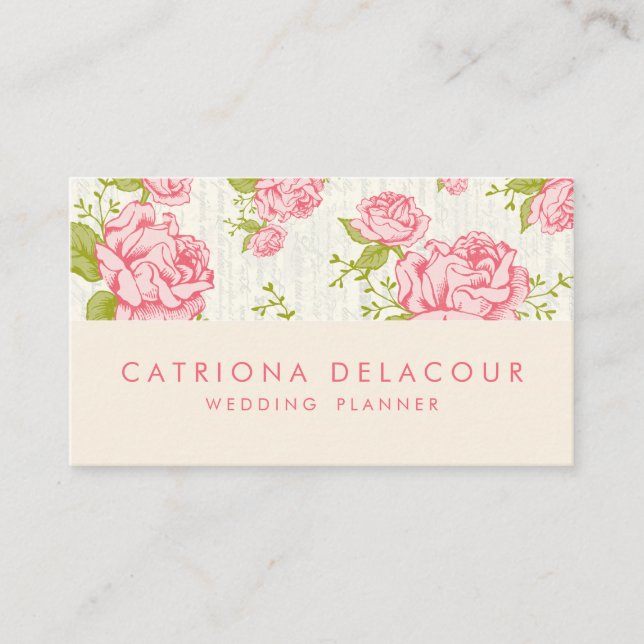 Vintage Pink Roses Floral Pattern Business Card (Front)