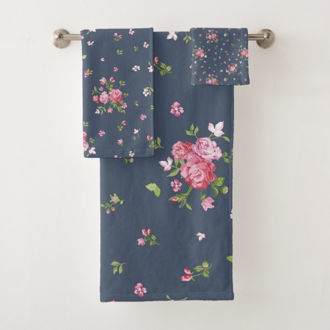 Vintage Pink Roses Floral Pattern Navy Blue  Bath Towel Set (Insitu)