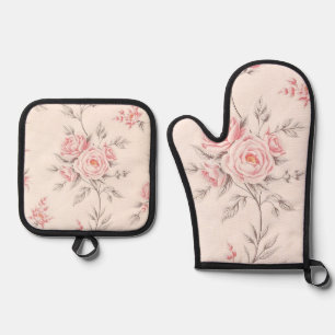 Vintage Pink Roses Floral Pattern Oven Mitt & Pot Holder Set
