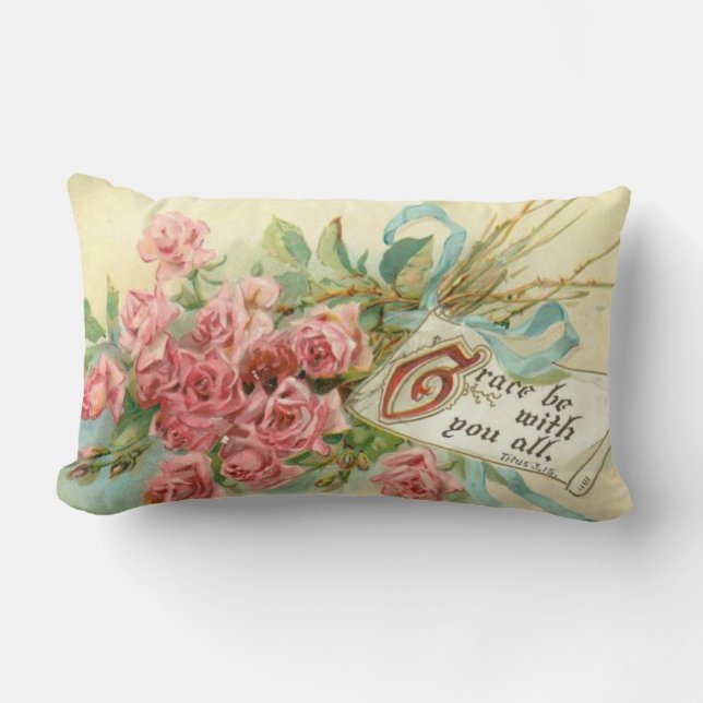Vintage Pink Roses Flowers Scripture Verse Lumbar Cushion (Front)