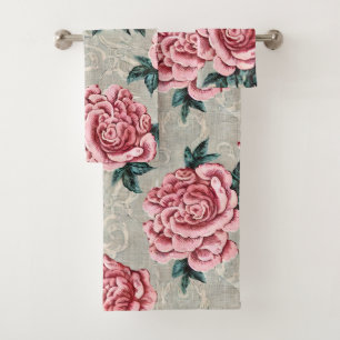 Vintage Pink Roses - French Country Decor Bath Towel Set