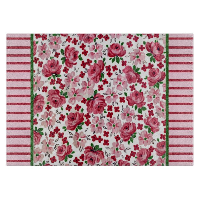 Vintage Pink Roses Glass Cutting Board (Front)