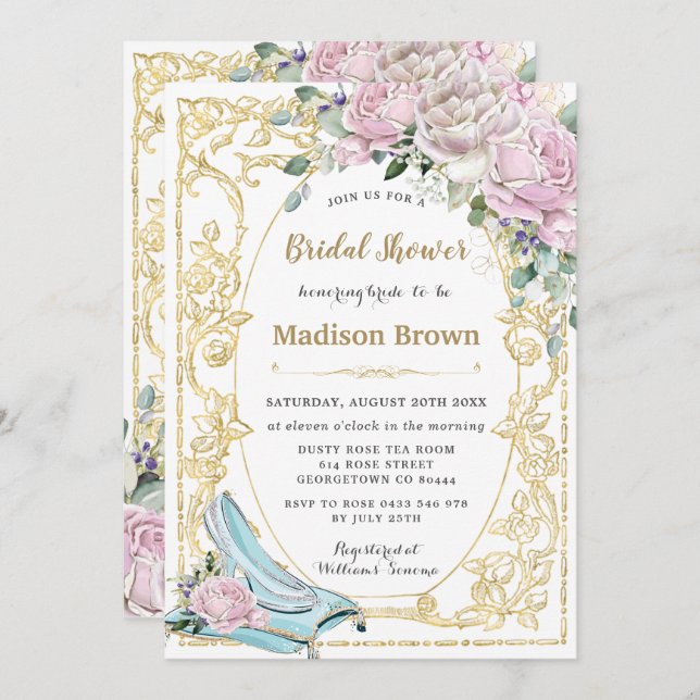 Vintage Pink Roses Gold Princess Bridal Shower Invitation (Front/Back)