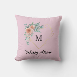 Vintage Pink Roses Golden Heart Monogram and Name Cushion
