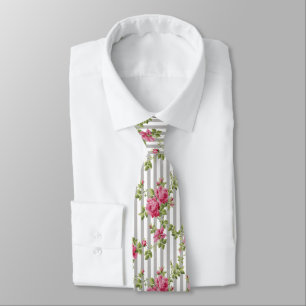 Vintage Pink Roses Grey Stripe Tie