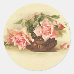 Vintage Pink Roses in a Bowl Classic Round Sticker