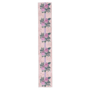 Vintage Pink Roses Lavender Ribbons Faded Damask Long Table Runner