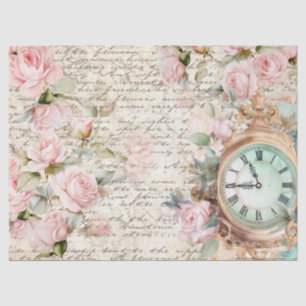 Vintage Pink Roses Old Letter Clock Decoupage Tissue Paper