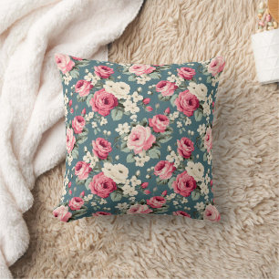 Vintage Pink Roses on Deep Blue Cushion