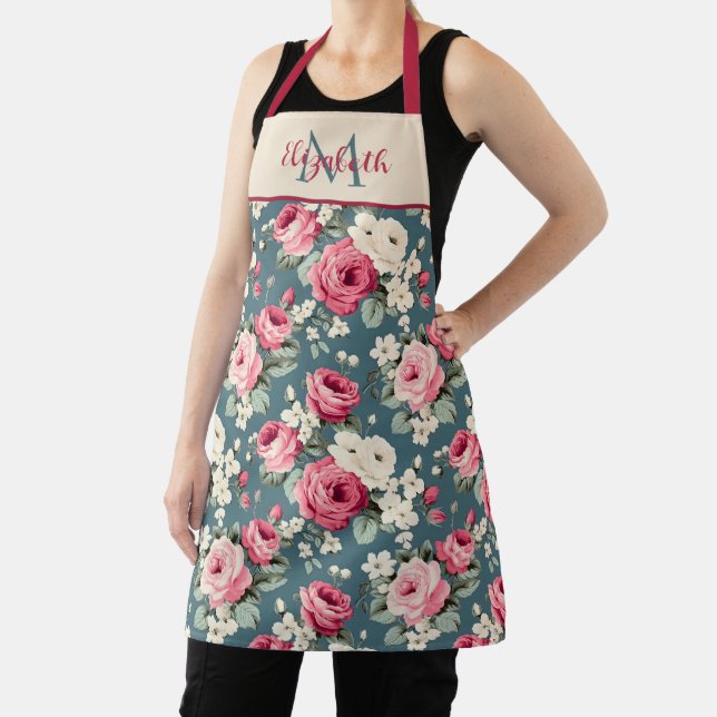 Vintage Pink Roses on Deep Blue Monogram Apron (Insitu)