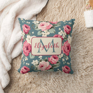 Vintage Pink Roses on Deep Blue Monogram Cushion