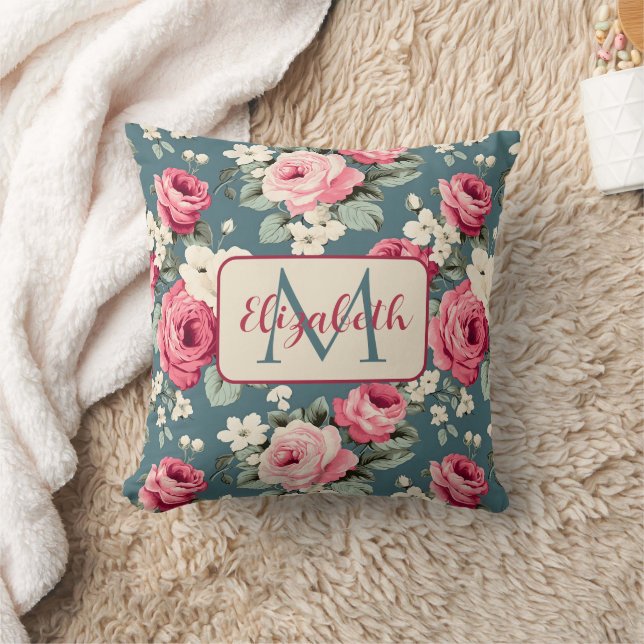 Vintage Pink Roses on Deep Blue Monogram Cushion (Blanket)
