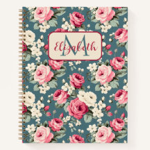 Vintage Pink Roses on Deep Blue Monogram
