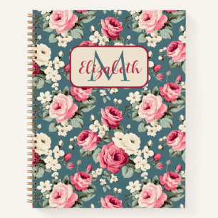 Vintage Pink Roses on Deep Blue Monogram Notebook