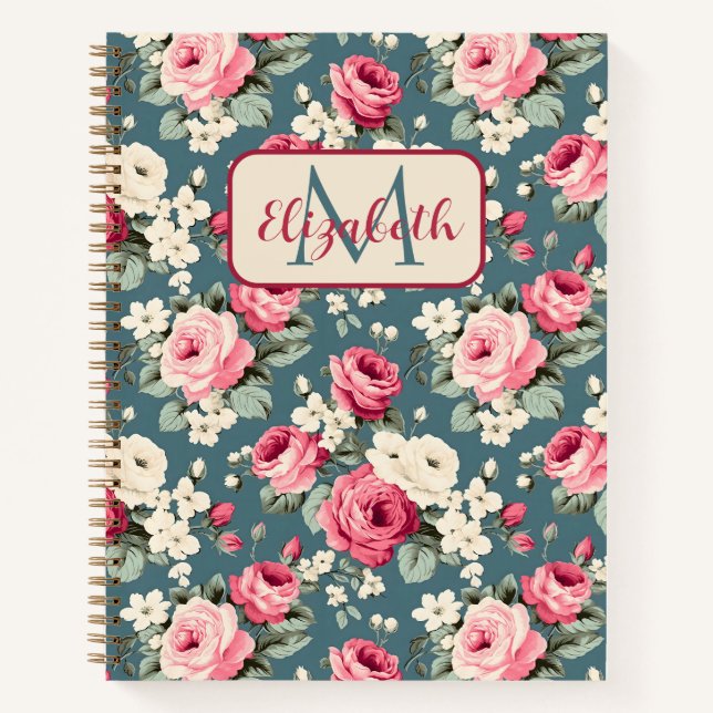 Vintage Pink Roses on Deep Blue Monogram Notebook (Front)