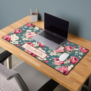 Vintage Pink Roses on Deep Blue Personalised Desk Mat