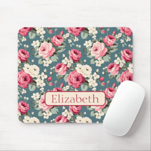 Vintage Pink Roses on Deep Blue Personalised Mouse Pad