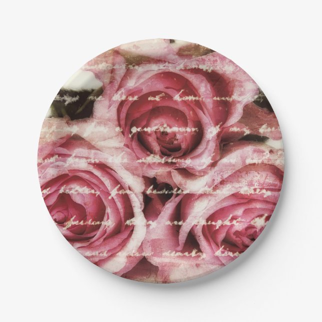 Vintage Pink Roses Paper Plate (Front)