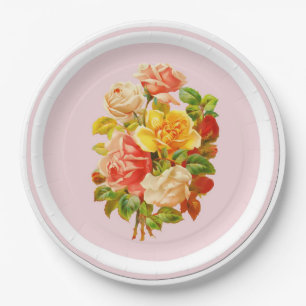 Vintage Pink Roses Party Paper Plate Pink