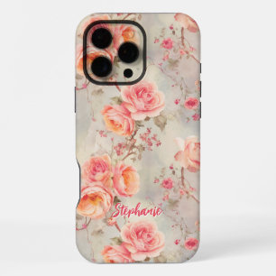 Vintage Pink Roses Romantic Floral Custom Name iPhone 16 Pro Max Case