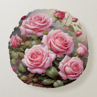 Vintage Pink Roses Round Cushion