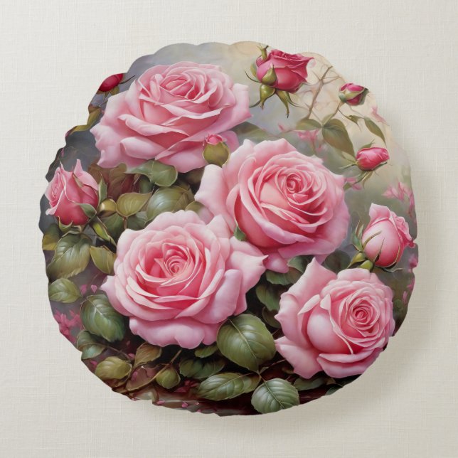 Vintage Pink Roses Round Cushion (Front)