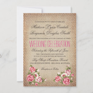 Vintage Pink Roses Rustic Burlap Wedding Invites