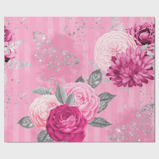 Vintage Pink Roses Silver Glitter Butterflies Wrapping Paper (Seam)
