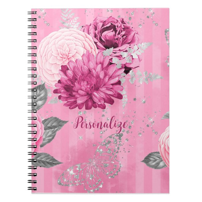 Vintage Pink Roses Silver Glitter Butterfly Notebook (Front)