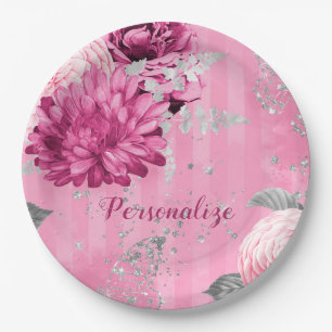 Vintage Pink Roses Silver Glitter Butterfly Paper Plate