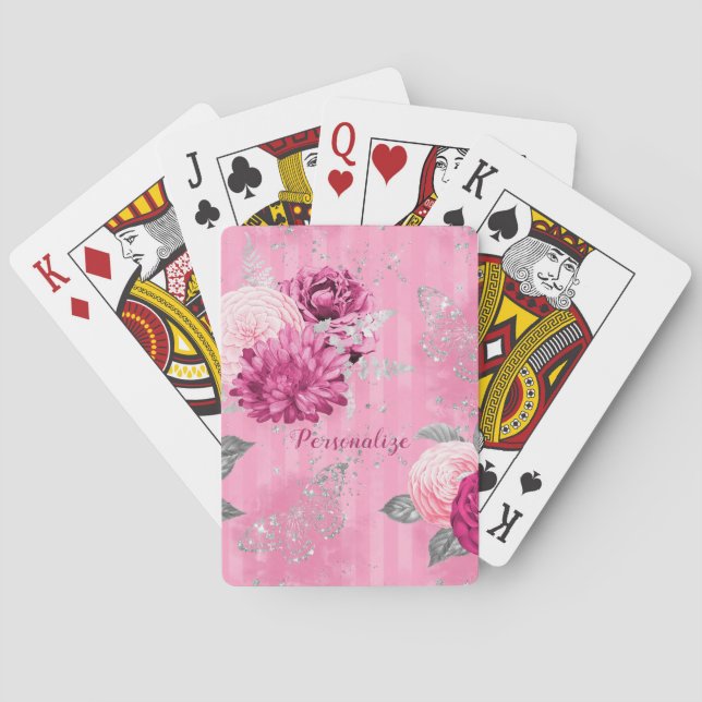 Vintage Pink Roses Silver Glitter Butterfly Playing Cards (Back)