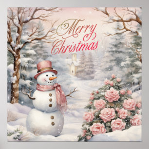 Vintage Pink Roses, Snowman Christmas Village Poster