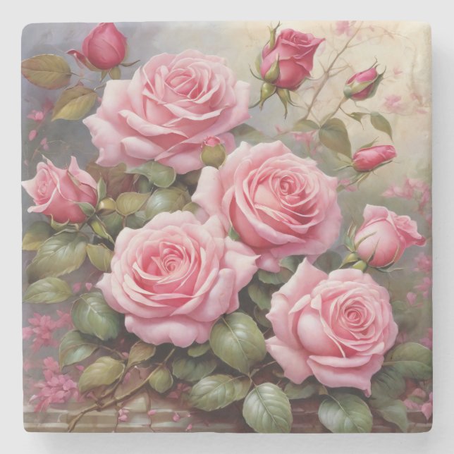 Vintage Pink Roses Stone Coaster (Front)