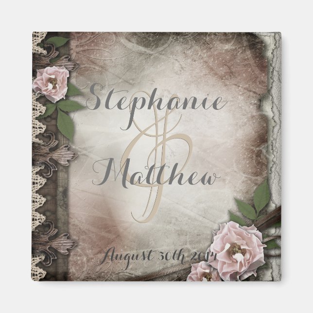 Vintage Pink Roses Wedding Magnet (Front)