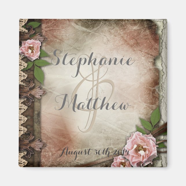 Vintage Pink Roses Wedding Magnet (Front)