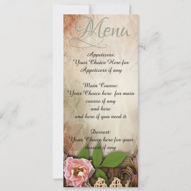 Vintage Pink Roses Wedding Menu Invitation (Front)
