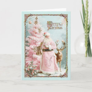 Vintage Pink Santa Claus deer tree mint card