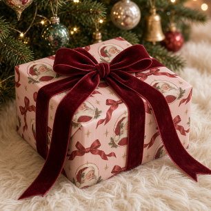 Vintage Pink Santa Claus Medallion Ribbon Bow Wrapping Paper