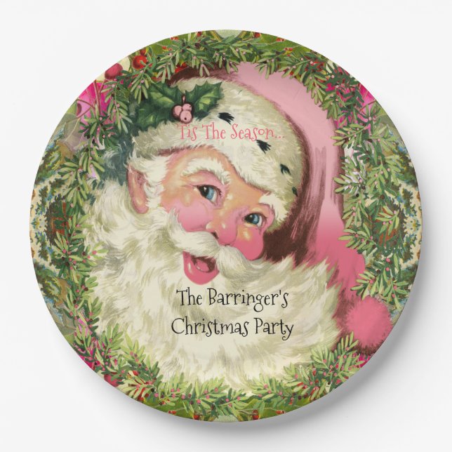 Vintage Pink Santa For Christmas Paper Plate (Front)