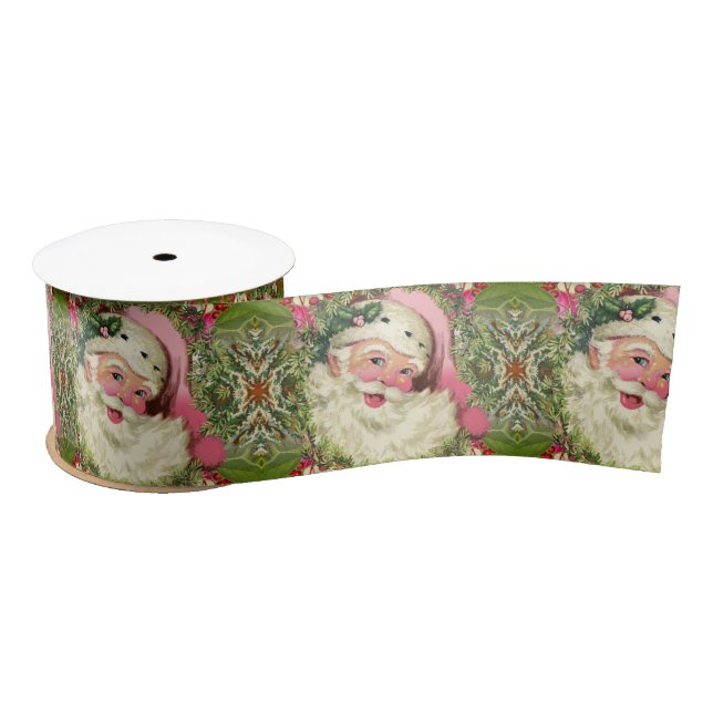 Vintage Pink Santa For Christmas Satin Ribbon (Spool)