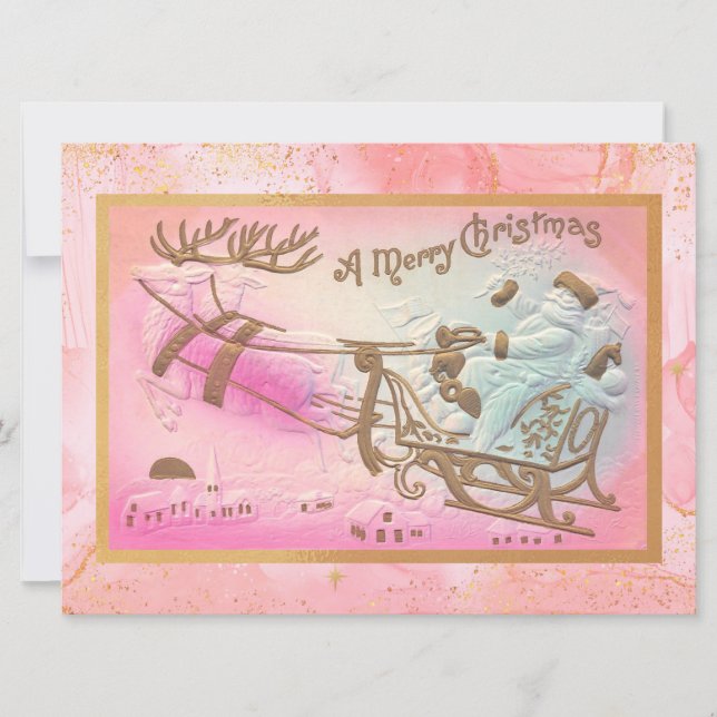 Vintage Pink Santa Sleigh with Reindeer Christmas  Holiday Card (Front)