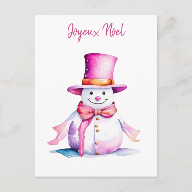 Vintage Pink Snowman Retro Personalised Christmas Postcard (Front)