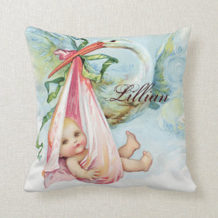 Vintage Pink Stork Baby Girl Nursery Pillows