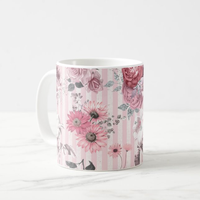 Vintage Pink Striped Floral Pattern Coffee Mug (Front Left)