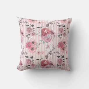 Vintage Pink Striped Floral Pattern Cushion