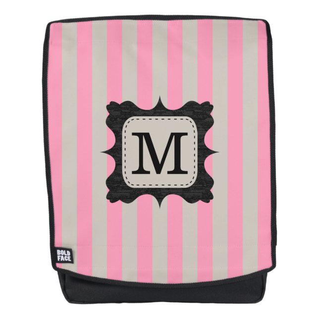 Vintage Pink Stripes Pattern Black Custom Monogram Backpack (Front)