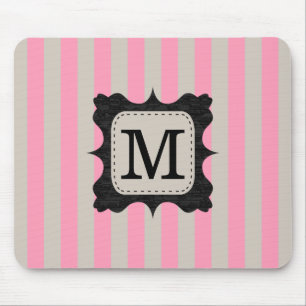 Vintage Pink Stripes Pattern Black Custom Monogram Mouse Pad