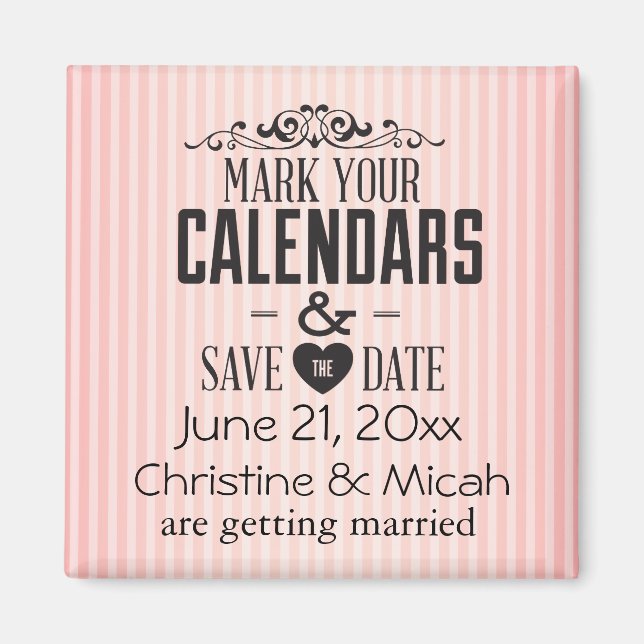 Vintage Pink Stripes Save the Date Magnet (Front)