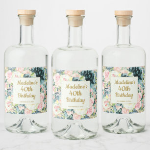 Vintage Pink Teal Floral 40th Adult Birthday Liquor Bottle Label